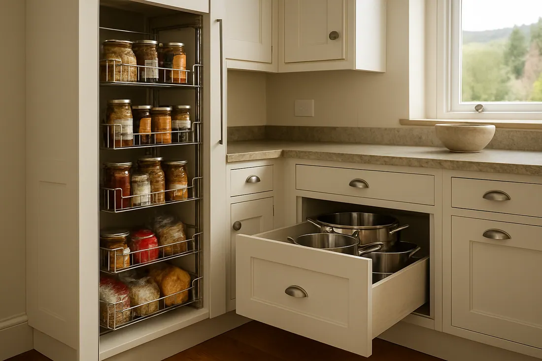 Illustrative fitted kitchen storage with pull-out larder and deep drawers